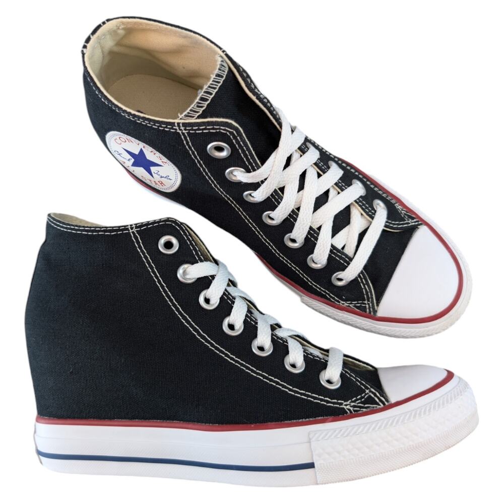 Converse Black High-Top Sneakers with White Laces and Red/Blue Midsole Trim
